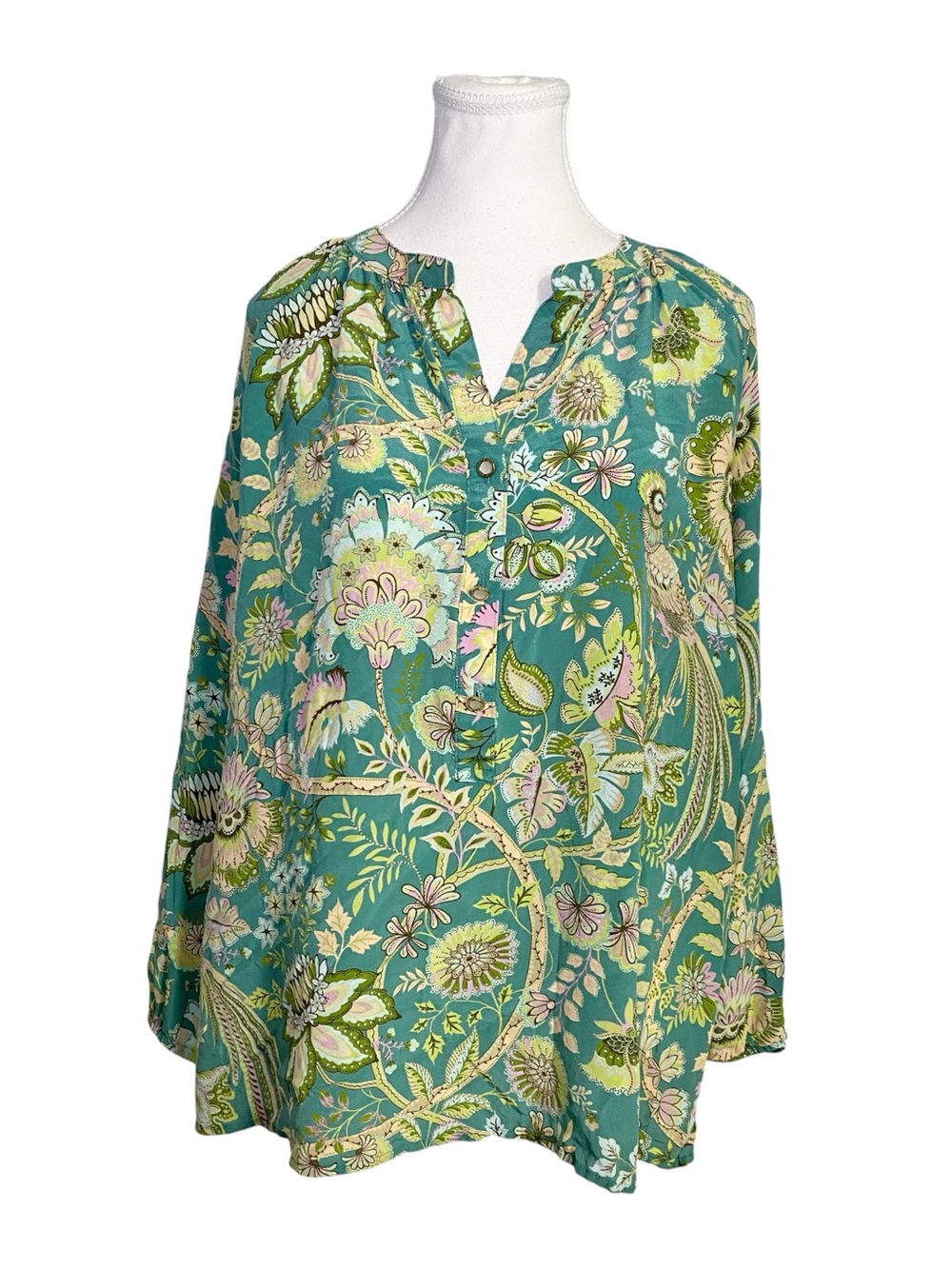 Spartina 449 100% Silk Floral Henley Tunic Blouse Mint Green Size XXL